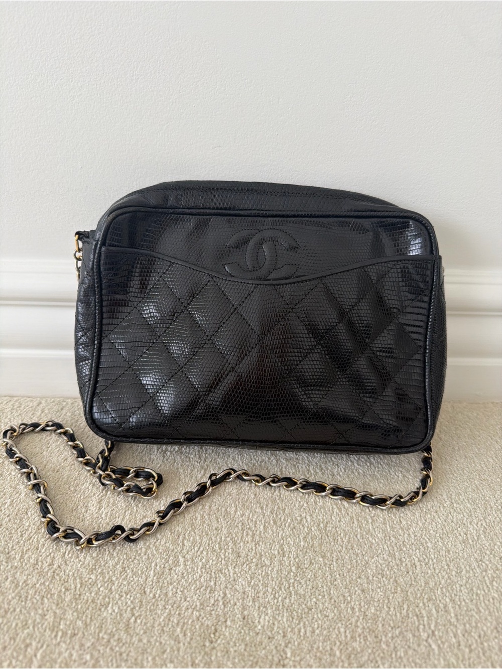 Chanel Black Quilted Lizard Camera Crossbody Bag